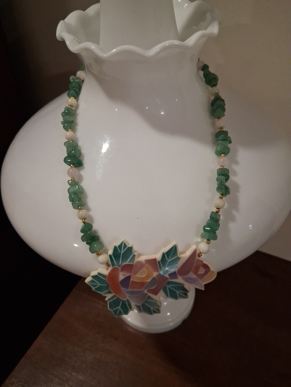 Green Bead Necklace with Colorful Rose Pendant